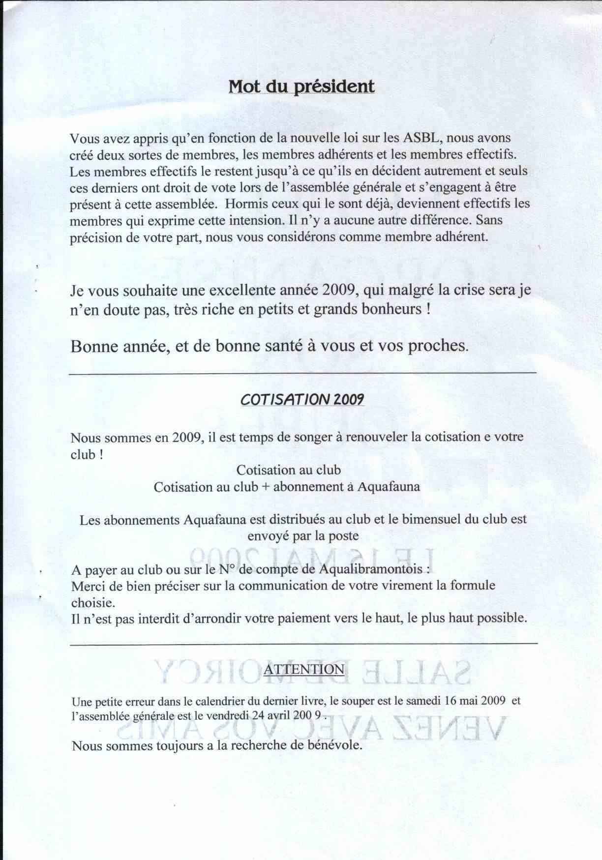 Mot du président, Cotisation 2009, ATTENTION