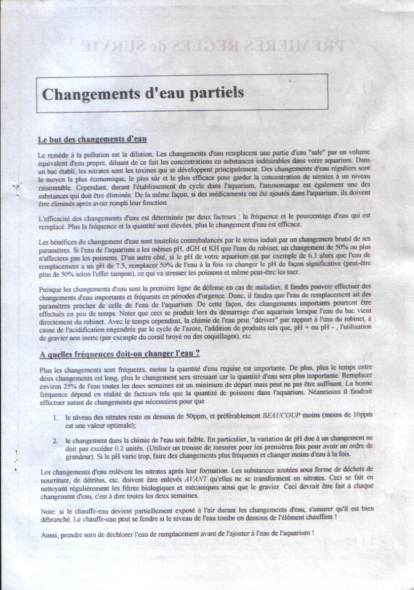CHANGEMENTS D'EAU PARTIELS CHANGEMENTS D'EAU PARTIELS